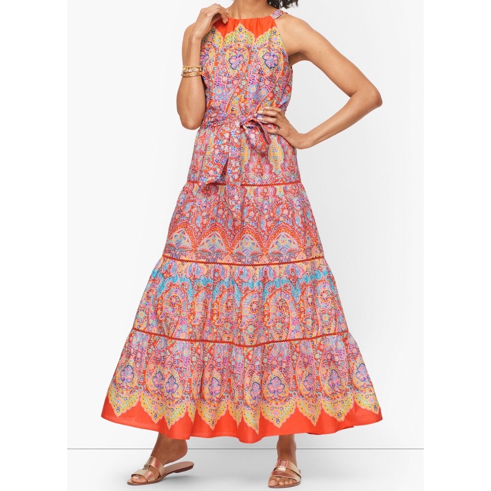 Talbots Orange Medallion Cotton Poplin Tiered Halter Maxi Summer Dress 6
